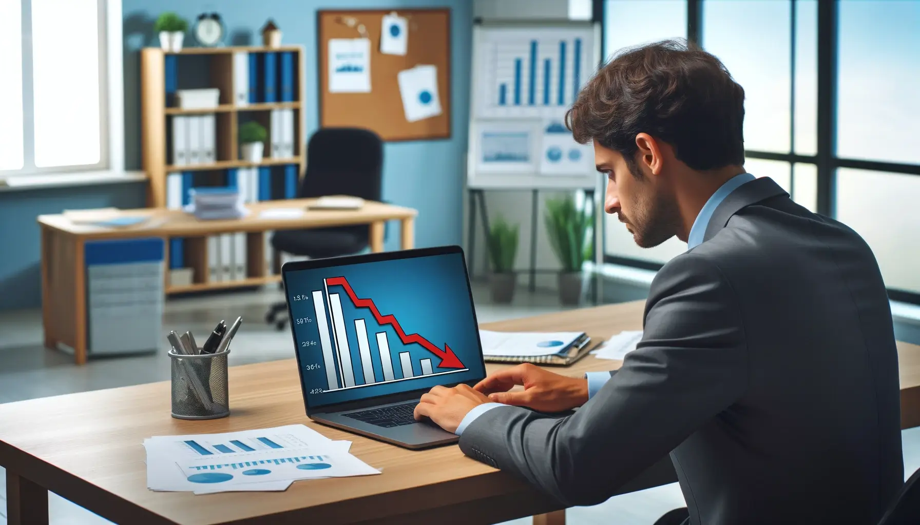 Business owner looking at a chart showing a declining order size